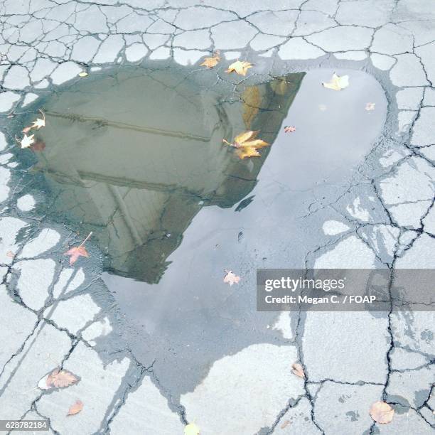 heart-shaped puddle after the rain - megan rain stock-fotos und bilder