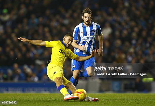 Brighton and Hove Albion's Dale Stephens and Leeds United's Kemar Roofe battle for the ball during the Sky Bet Championship match at the AMEX...