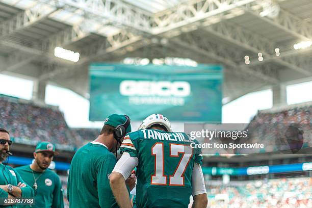 Miami Dolphins quarterback Ryan Tannehill and Miami Dolphins head coach Adam Gase review the playbook during the NFL football game between the San...