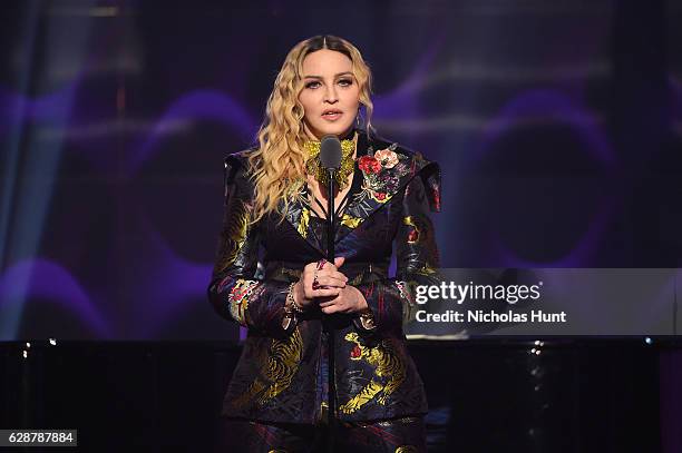 Madonna speaks on stage at the Billboard Women in Music 2016 event on December 9, 2016 in New York City.