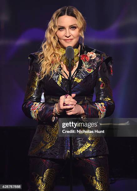 Madonna speaks on stage at the Billboard Women in Music 2016 event on December 9, 2016 in New York City.