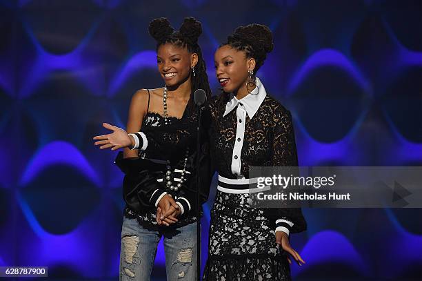 Chloe X Halle present on stage at the Billboard Women in Music 2016 event on December 9, 2016 in New York City.