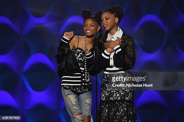 Chloe X Halle present on stage at the Billboard Women in Music 2016 event on December 9, 2016 in New York City.