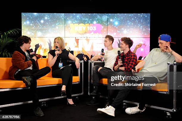 Brad Simpson, James McVey, Connor Ball and Tristan Evans of the Vamps are interviewed backstage at Key 103 Christmas Live at Manchester Arena on...