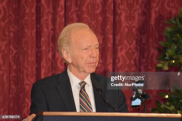 Former Connecticut Senator Joseph Lieberman address a briefing at the Senate Kennedy Caucus room, which address the new administrations policy on...