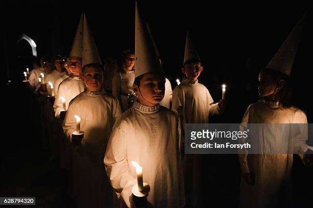 Youngsters from the Jarfalla chamber choir near Stockholm, Sweden form part of the procession during the Swedish Sankta Lucia Festival of Light...