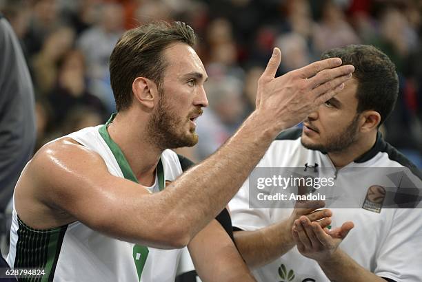Semih Erden talks with this colleague during the Turkish Airlines Euroleague basketball match between Baskonia and Darussafaka Dogus at Fernando...