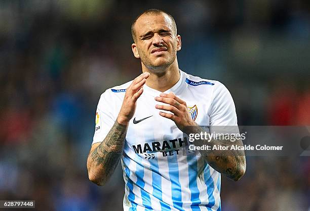 Sandro Ramirez of Malaga CF reacts after missing a chance of goal during La Liga match between Malaga CF and Granada CF at La Rosaleda Stadium...