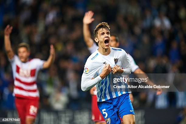 Diego Llorente of Malaga CF celebrates after scoring a goal wich was later disallowed for offside during La Liga match between Malaga CF and Granada...