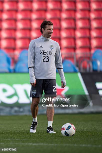 Andreas Ivanschitz of Seattle Sounders with the ball during the Seattle Sounders MLS Cup training session on December 9 at Kia Training Ground in...