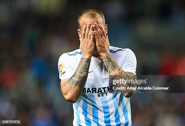 Sandro Ramirez of Malaga CF reacts after missing a chance of goal during La Liga match between Malaga CF and Granada CF at La Rosaleda Stadium...