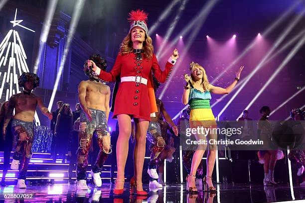 Katherine Jenkins joins Kylie Minogue on stage at the Royal Albert Hall on December 9, 2016 in London, England.