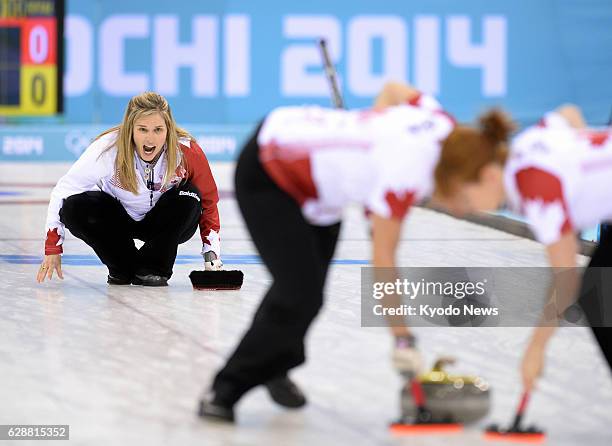 Russia - Canadian skip Jennifer Jones shouts out instructions after she released the stone during the first end of the women's curling gold medal...