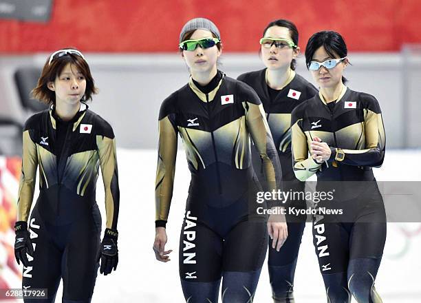 Russia - Nana Takagi, Misaki Oshigiri, Ayaka Kikuchi, and Maki Tabata of Japan practice for the women's speed skating team pursuit quarterfinals...
