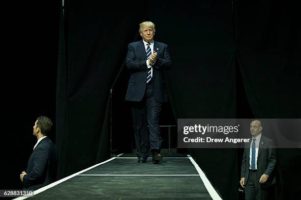 President-elect Donald Trump arrives onstage to speak at the DeltaPlex Arena, December 9, 2016 in Grand Rapids, Michigan. President-elect Donald...