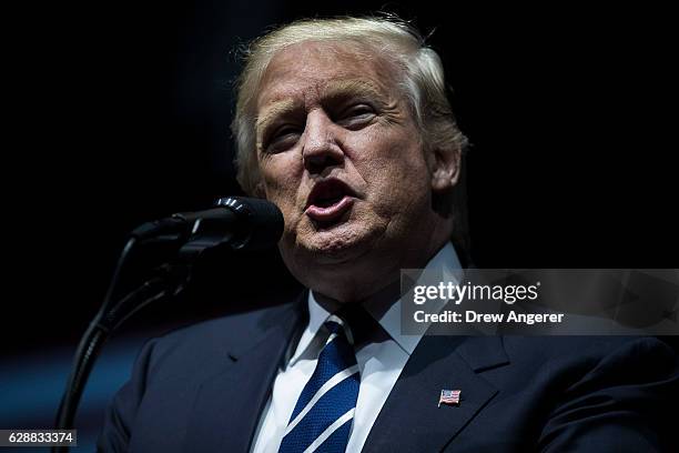 President-elect Donald Trump speaks at the DeltaPlex Arena, December 9, 2016 in Grand Rapids, Michigan. President-elect Donald Trump is continuing...