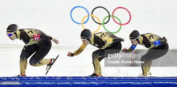 Russia - A trio of Japanese speed skaters - Misaki Oshigiri, Maki Tabata and Nana Takagi - compete in the bronze medal race against Russia in the...