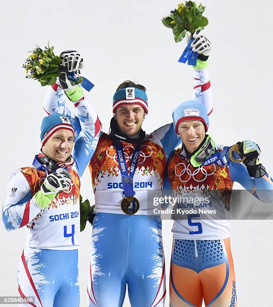 Russia - Mario Matt of Austria, gold medalist, his compatriot Marcel Hirscher , silver winner, and Norway's bronze medalist Henrik Kristoffersen...
