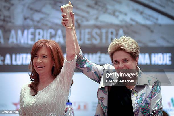 Former president of Argentina, Cristina Kirchner attends a conference with Former president of Brazil, Dilma Rousseff at the house of Portugal in Sao...