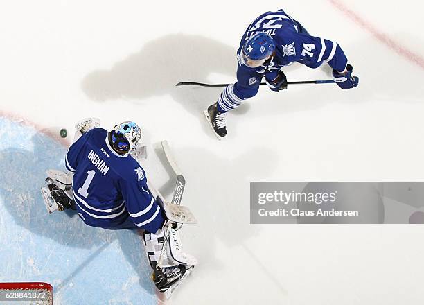 Owen Tippett of the Mississauga Steelheads flips a puck between his legs at teammate Jacob Ingham during the warm-up prior to playin against the...