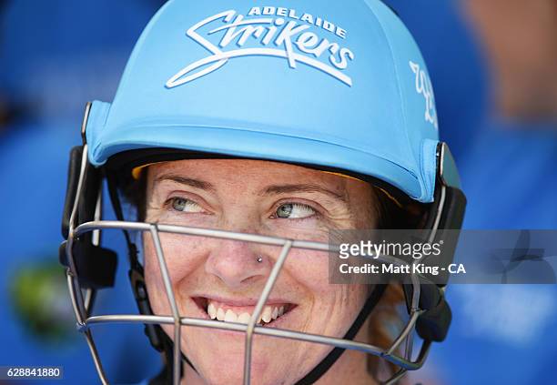 Sarah Coyte of the Strikers prepares to bat during the Women's Big Bash League match between the Adelaide Strikers and the Melbourne Renegades at...