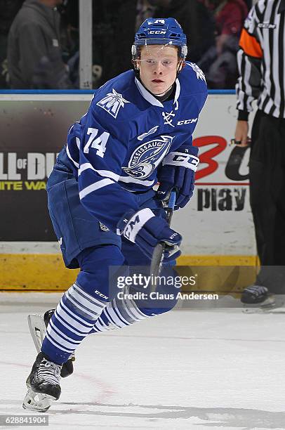 Owen Tippett of the Mississauga Steelheads skates against the London Knights during an OHL game at Budweiser Gardens on December 9, 2016 in London,...