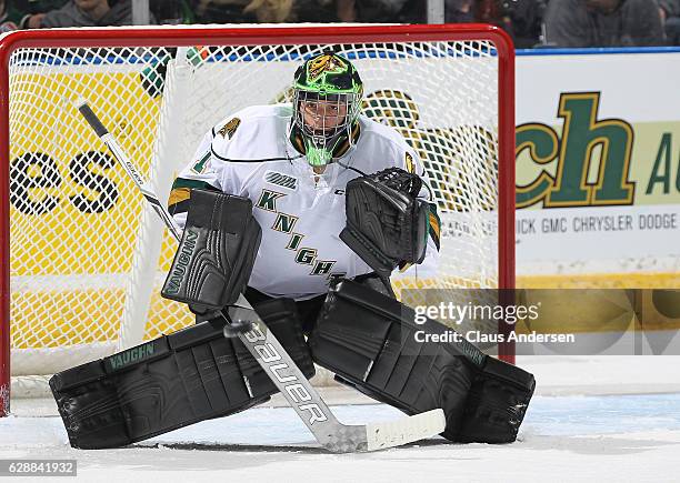 Tyler Parsons of the London Knights gets set to stop a shot against the Mississauga Steelheads during an OHL game at Budweiser Gardens on December 9,...