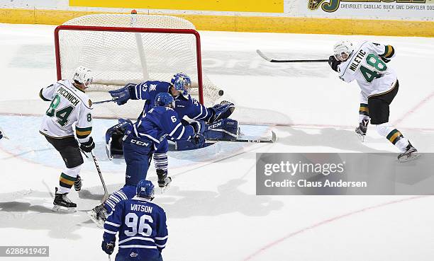 Matthew Mancina of the Mississauga Steelheads robs Sam Miletic of the London Knights of a goal during an OHL game at Budweiser Gardens on December 9,...