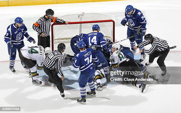 Matthew Mancina of the Mississauga Steelheads stops a scoring attempt by JJ Piccinich of the London Knights during an OHL game at Budweiser Gardens...