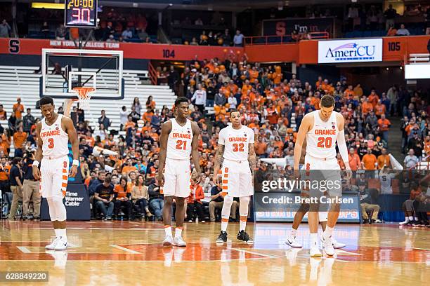 Members of the Syracuse Orange take to the court before the game against the Monmouth Hawks on November 18, 2016 at The Carrier Dome in Syracuse, New...