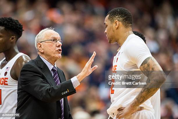 Head coach Jim Boeheim of the Syracuse Orange speaks with DaJuan Coleman during the game against the Monmouth Hawks on November 18, 2016 at The...