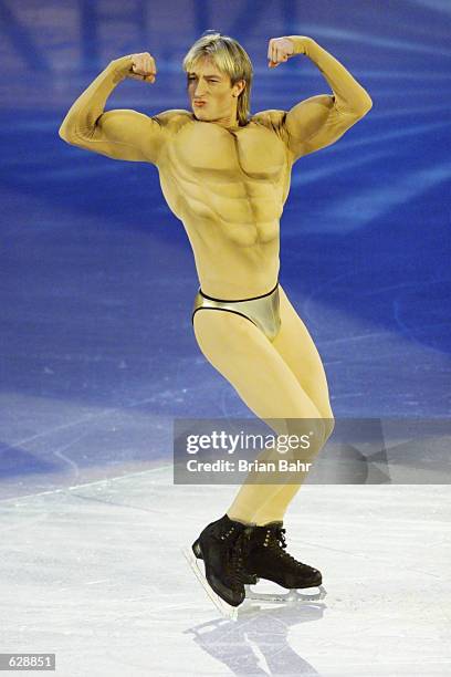 World Champion Evgeni Plushenko of Russia skates during the exhibition gala program at the 2001 World Figure Skating Championships at the GM Place in...