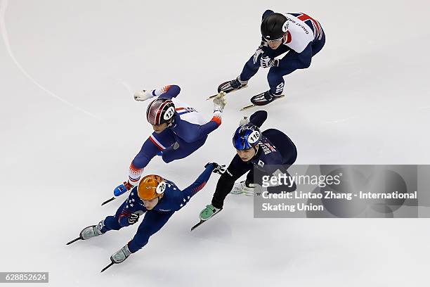 Keith Carroll of the United States, Keanu Blunden of Australia, Billy Simms of Great Britain and Paul Beauchamp of France competes in the Men 500m...