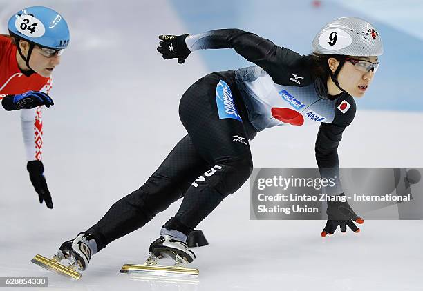Yui Sakai of Japan competes in the Women 1500m semifinal on day one of the ISU World Cup Short Track speed skating event at the Oriental Sports...