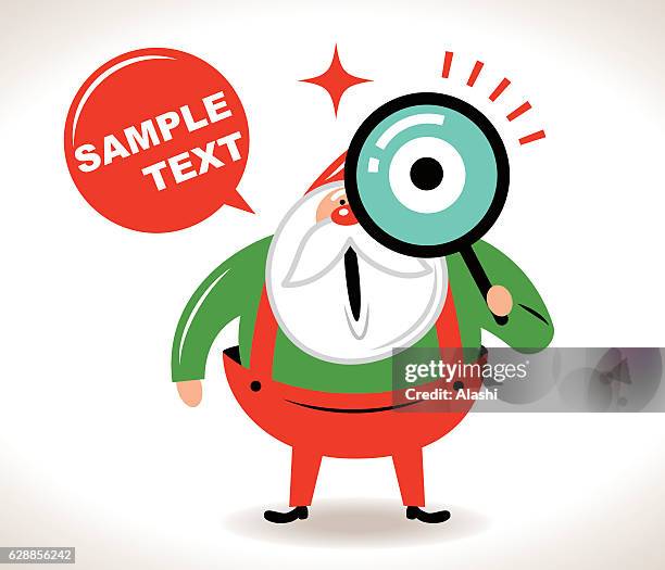 stockillustraties, clipart, cartoons en iconen met happy santa claus looking at camera through the magnifying glass - happy santa claus over white blank