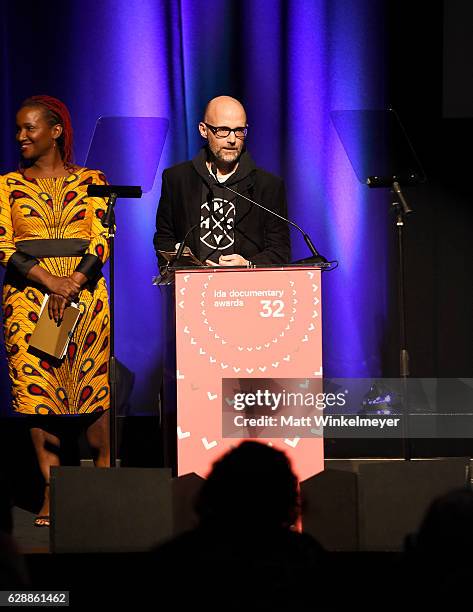 Presenter Moby and presenter Effie Brown speak onstage at the 32nd Annual IDA Documentary Awards at Paramount Studios on December 9, 2016 in...