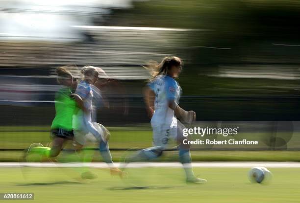 Laura Alleyway of Melbourne City runs with the ball during the round six W-League match between Melbourne City FC and Canberra Unitred at C.B. Smith...