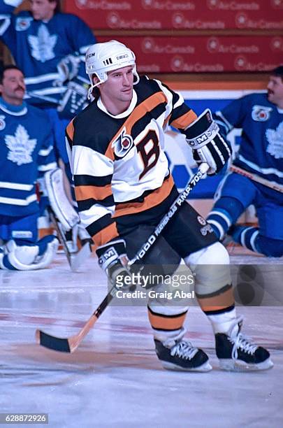 Bobby Carpenter of the Boston Bruins skates in warmup prior to a game against the Toronto Maple Leafs on January 22, 1992 at Maple Leaf Gardens in...
