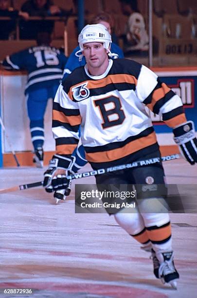 Bobby Carpenter of the Boston Bruins skates in warmup prior to a game against the Toronto Maple Leafs on January 22, 1992 at Maple Leaf Gardens in...