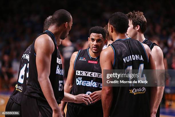 Breakers players form a huddle during the round 10 NBL match between the Adelaide 36ers and the New Zealand Breakers at Titanium Security Arena on...