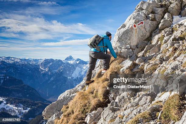 wanderer auf dem weg zum gipfel hoher göll - alpen - gipfelkreuz stock-fotos und bilder