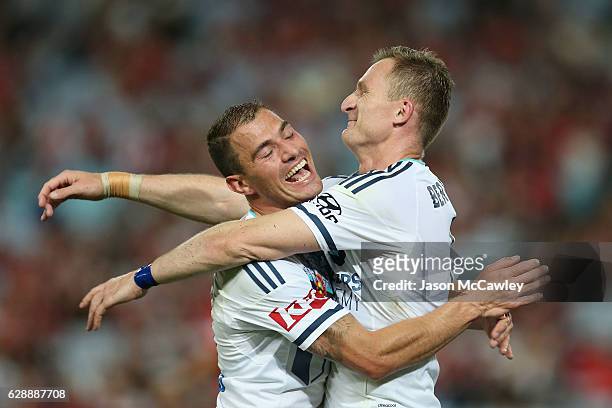 Besart Berisha of the Victory celerates with Marco Rojas after scoring a goal during the round 10 A-League match between the Western Sydney Wanderers...