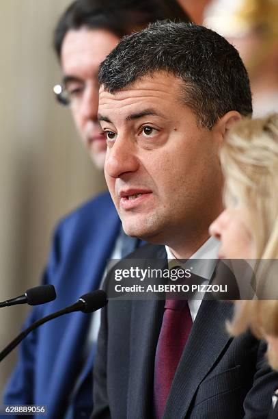 Arturo Scotto, representant of the left-wing coalition Sinistra Italiana - Sinistra Ecologia Liberta speaks to journalists after a meeting with...