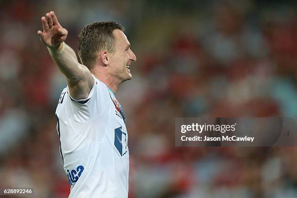 Besart Berisha of the Victory celebrates scoring a goal during the round 10 A-League match between the Western Sydney Wanderers and the Melbourne...