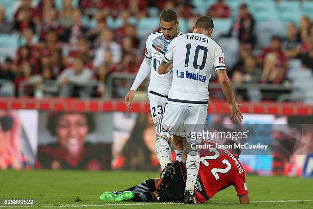 Jonathan Aspropotamitis of the Wanderers and Jai Ingham of the Victory during the round 10 A-League match between the Western Sydney Wanderers and...