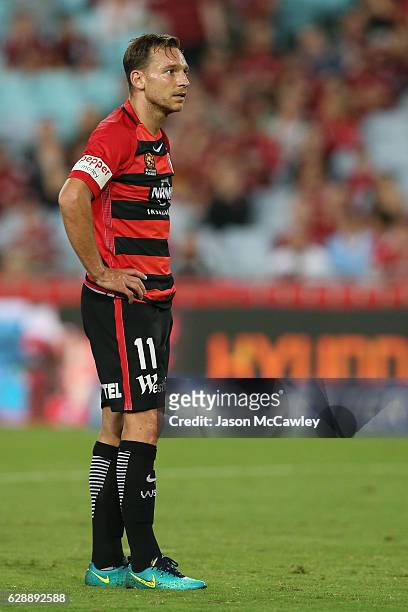 Brendon Santalab of the Wanderers looks dejected during the round 10 A-League match between the Western Sydney Wanderers and the Melbourne Victory at...