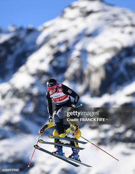 Sweden's Anna Holmlund competes during the FIS women's Quarter-final Skicross World Cup on December 10, 2016 at the Val-Thorens ski resort in the...