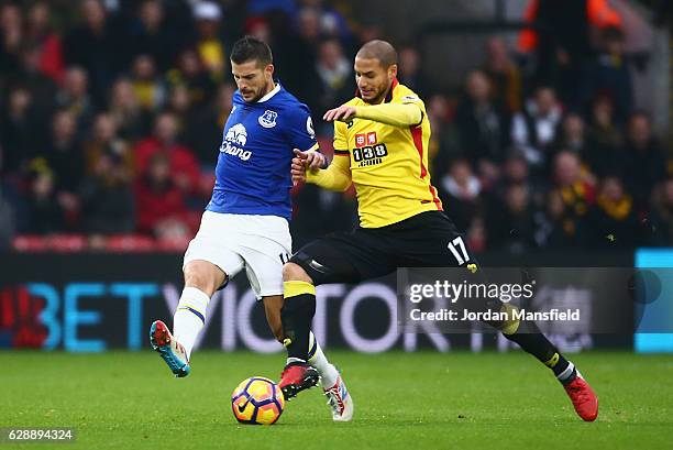 Kevin Mirallas of Everton and Adlene Guedioura of Watford battle for the ball during the Premier League match between Watford and Everton at Vicarage...