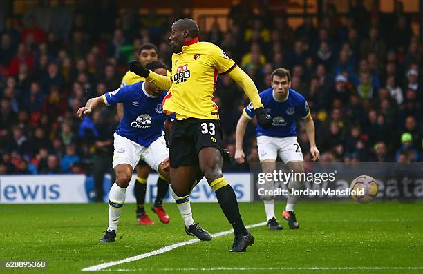 Stefano Okaka of Watford scores their first and equalising goal during the Premier League match between Watford and Everton at Vicarage Road on...