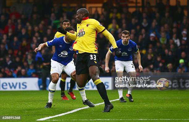 Stefano Okaka of Watford scores their first and equalising goal during the Premier League match between Watford and Everton at Vicarage Road on...